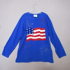 Vintage Quacker Factory Sweate‎ XL Blue 4th of July Sequin USA Flag Beaded